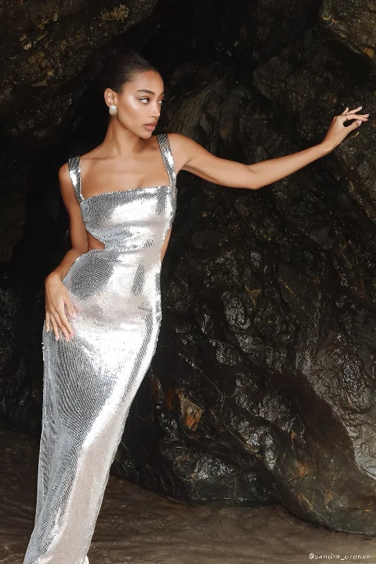 Adoria Sequin Cut Out Maxi Dress - Silver