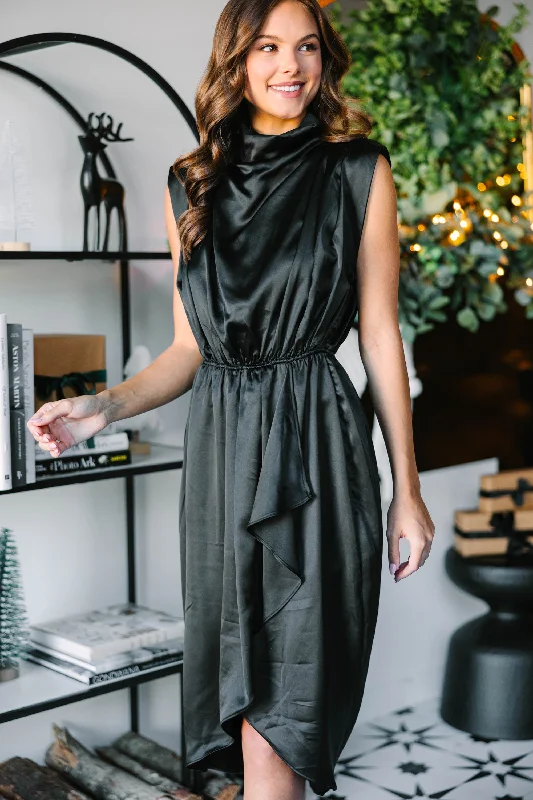 All Eyes On You Black Satin Midi Dress