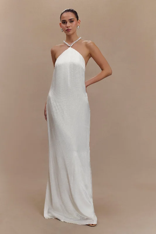 Blanche Satin Pearl Halter Maxi Dress - White