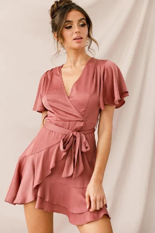 Cami Angel Sleeve Faux Wrap Dress Rose