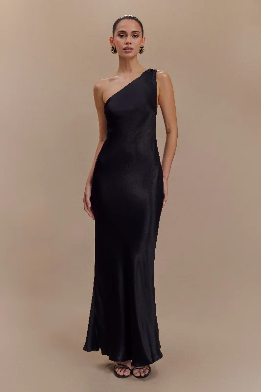 Camille One Shoulder Satin Maxi Dress - Black