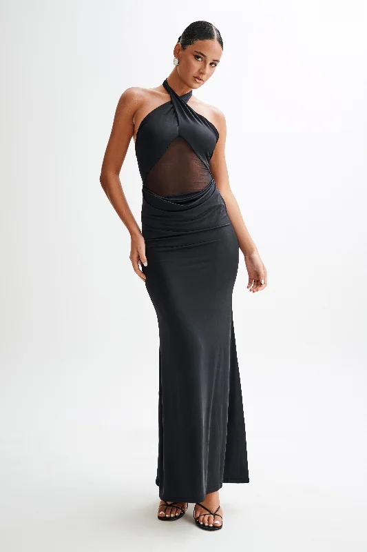 Caterina Slinky Mesh Halter Maxi Dress - Black