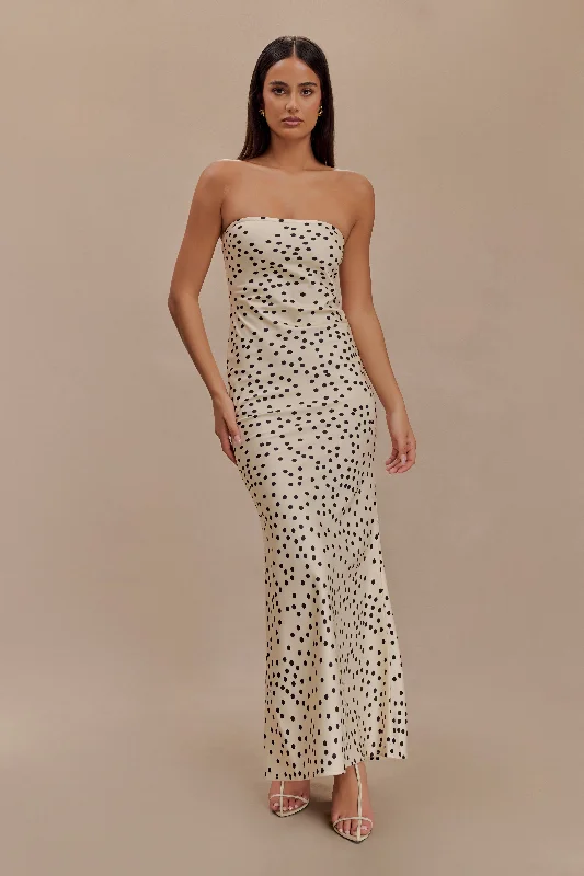 Claudette Strapless Satin Maxi Dress - Polka Dot Print