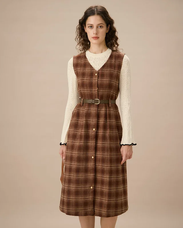 Coffee V Neck Sleeveless Plaid Midi Dress