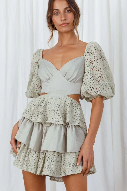 Emery Floral Lace Accent Layered Ruffle Tie Back Dress Avocado