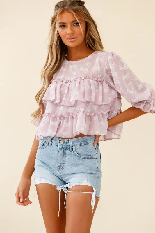 Float On By Layered Ruffle Crop Top Leaf Print Pink