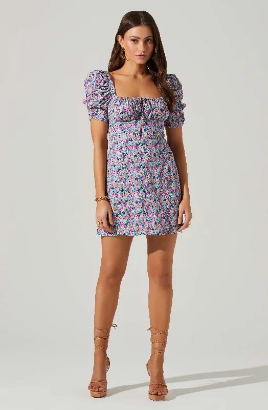 Floral Square Neck Puff Sleeve Mini Dress