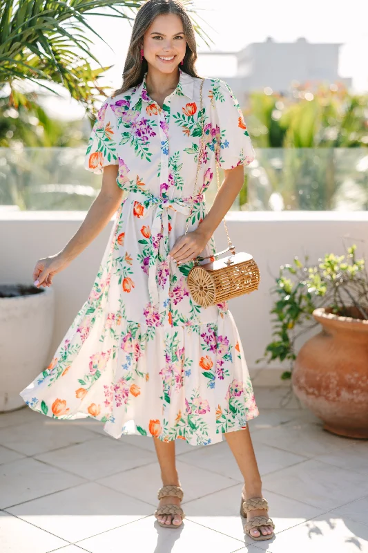 Give You Everything Ivory White Floral Midi Dress