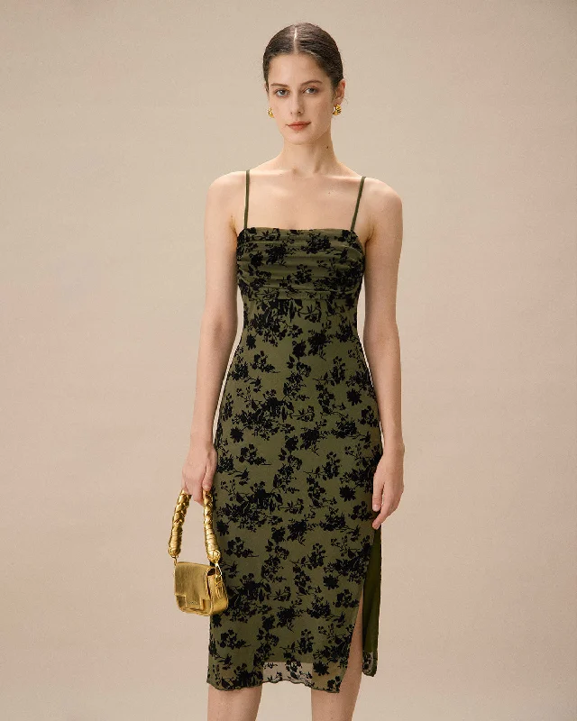 Green Jacquard Ruched Slit Midi Dress