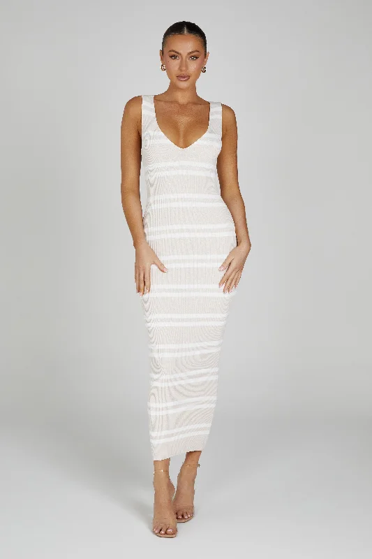 Henrietta Stripe Knit Maxi Dress - Nude/White