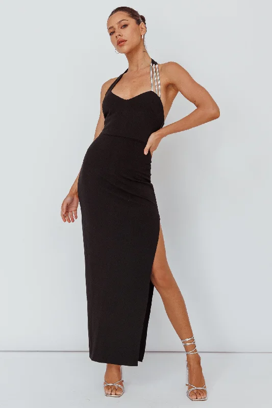 Leading Role Diamante Strap Halter Dress Black