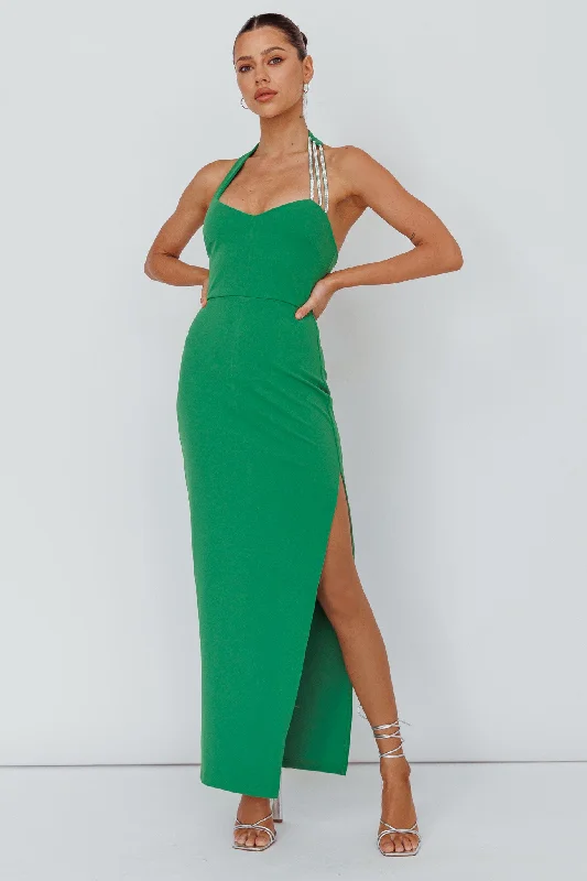 Leading Role Diamante Strap Halter Dress Green