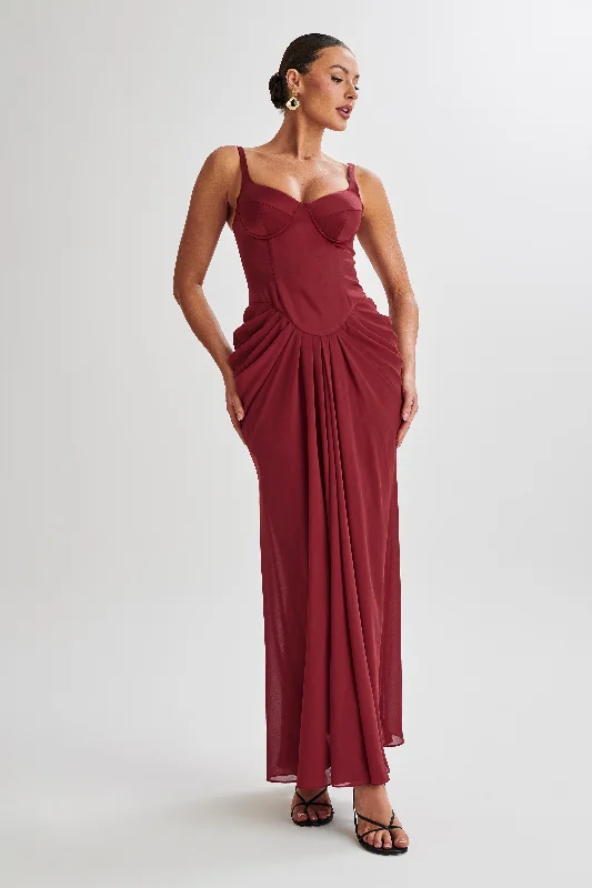 Leila Satin Corset Maxi Dress - Wine