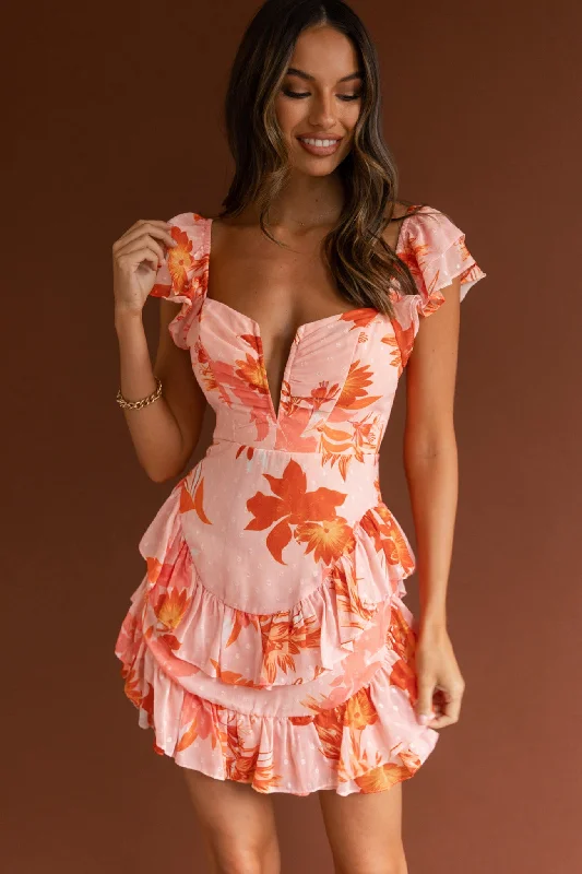 Liz Ruffle Shoulder Dress Floral Orange