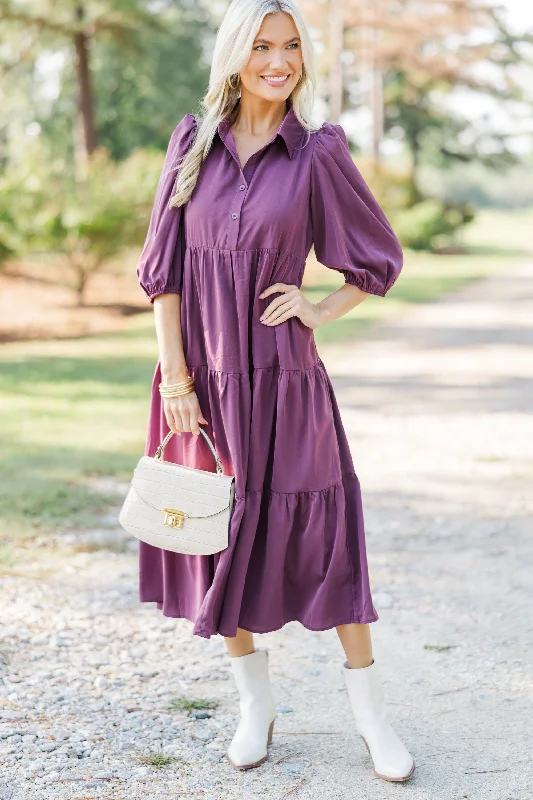 Love Found Plum Purple Tiered Midi Dress