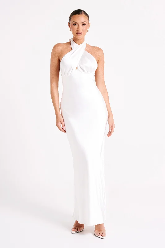 Marvelle Satin Halter Maxi Dress - White