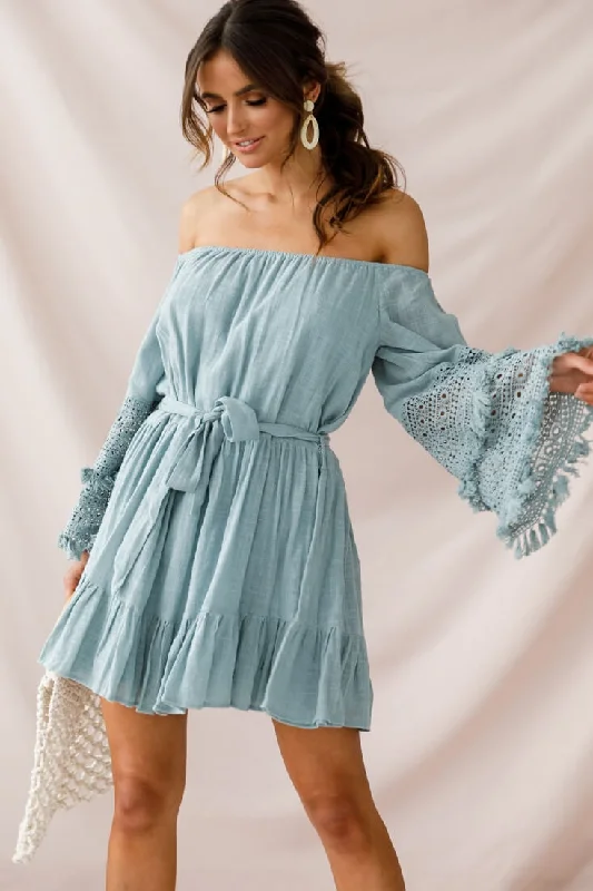 Mona Off-Shoulder Embellished Sleeve Dress Sage