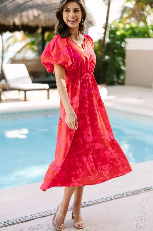 Odds Are In Your Favor Red Floral Midi Dress