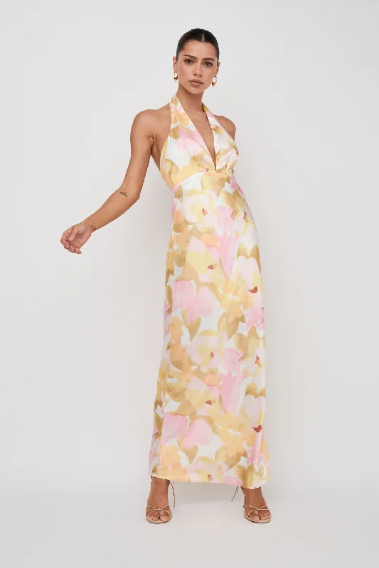 Of Your Dreams Plunging Halter Dress Floral Pink