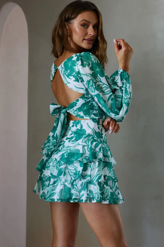 Romance Novel Long Sleeve Tied Back Floral Dress Green