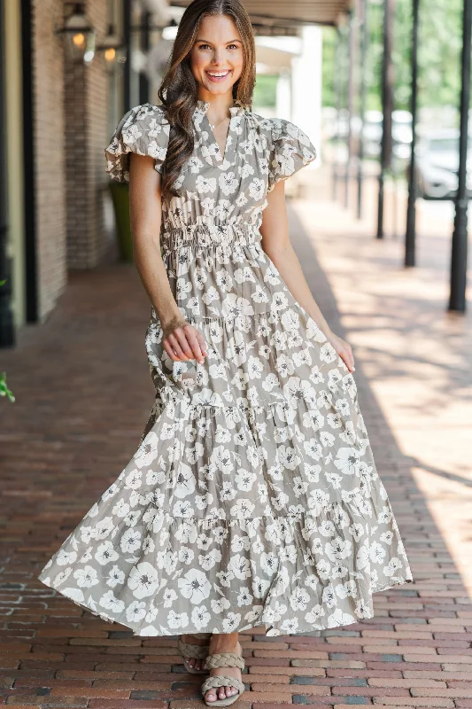 Take Note Taupe Floral Maxi Dress