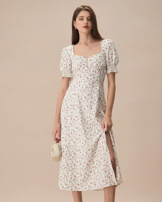 The Beige Sweetheart Neck Puff Sleeve Floral Midi Dress