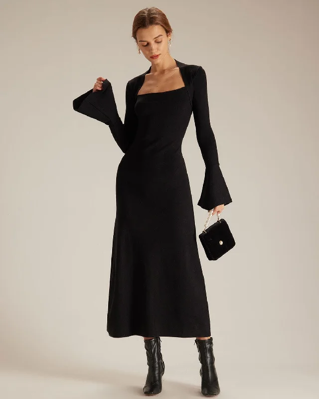 The Black Square Neck Flare Sleeve Midi Dress