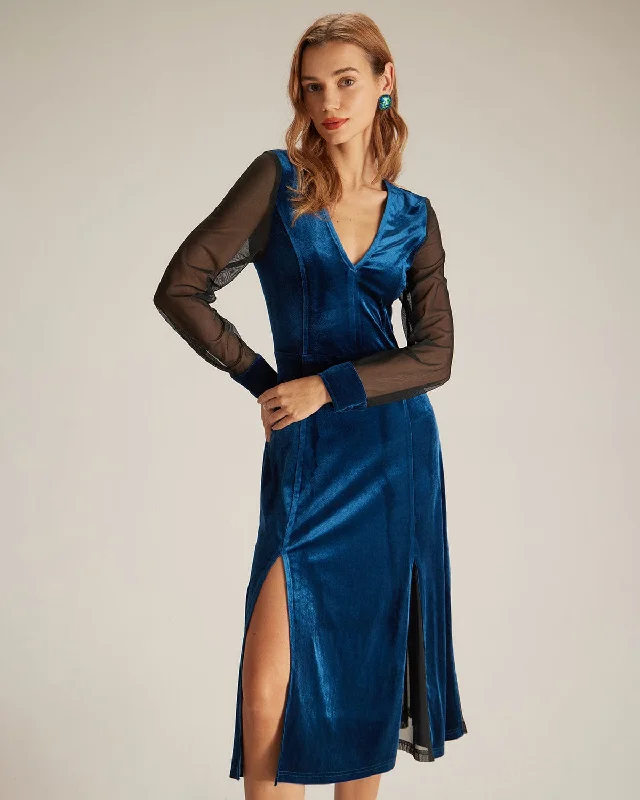 The Blue V Neck Velvet Mesh Midi Dress