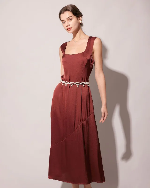 The Coffee Square Neck Sleeveless Satin Midi Dress