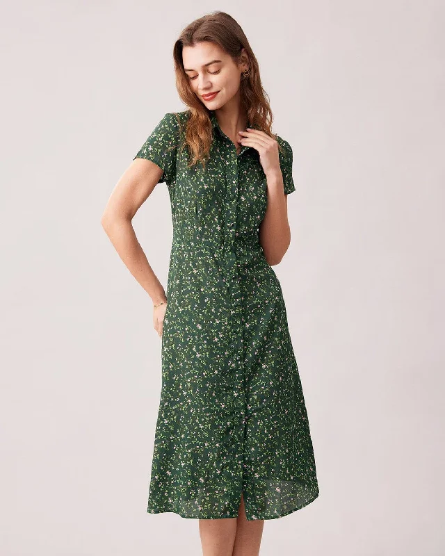 The Green Lapel Button Up Floral Midi Dress