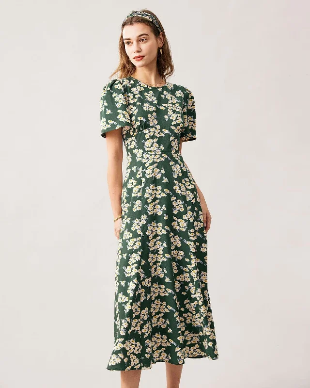 The Green Round Neck Short Sleeve Floral Midi Dress