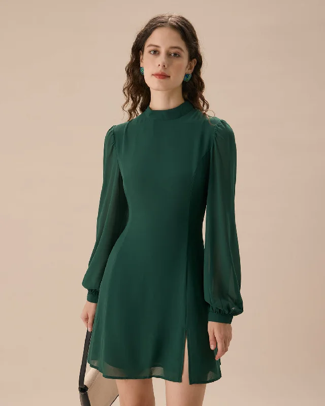 The Green Stand Collar Sheer Slit Mini Dress