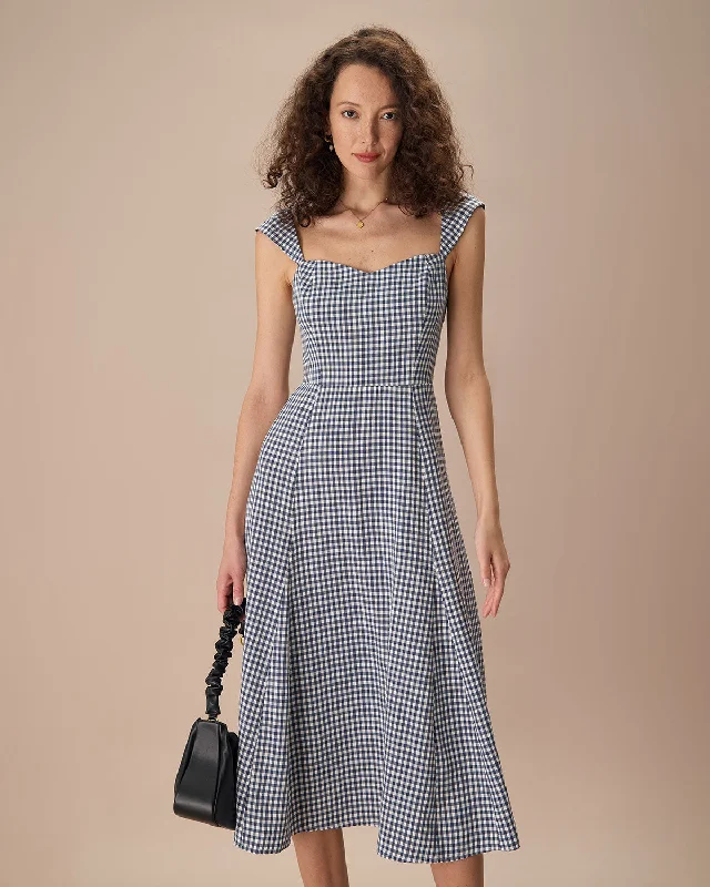 The Navy Plaid Shirred Back Midi Dress