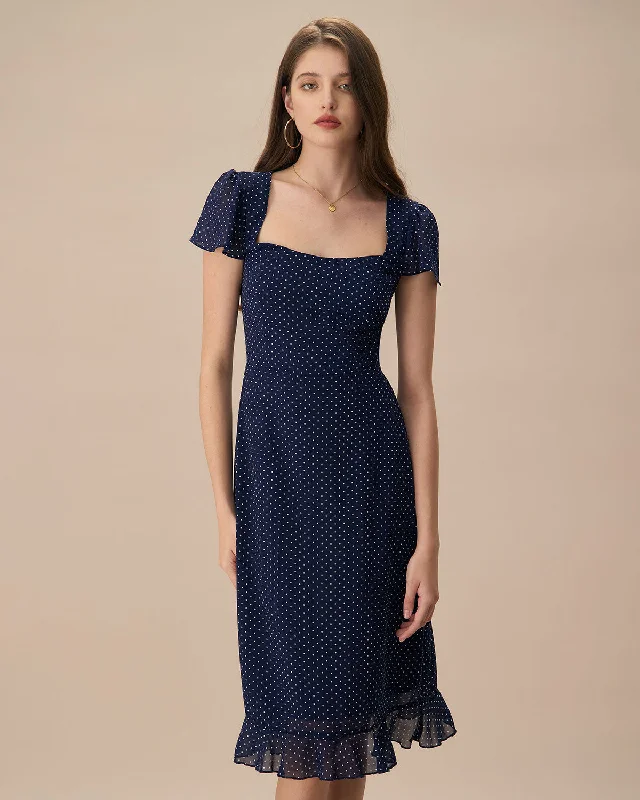 The Navy Polka Dot Cutout Midi Dress