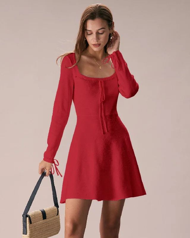 Red Square Neck Sweater Mini Dress