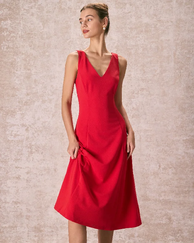 The Red V Neck Sleeveless A-Line Midi Dress