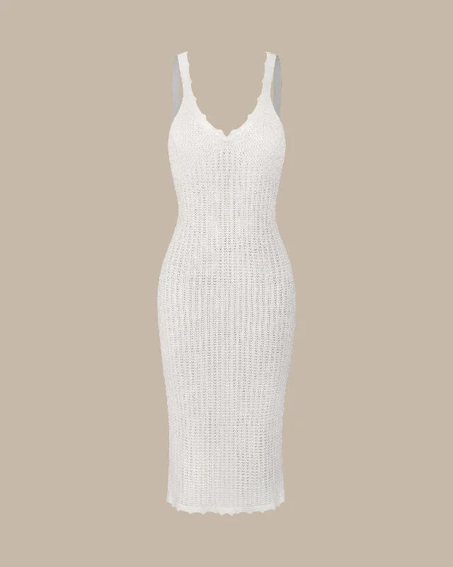 The White V-Neck Knitted Pointelle Midi Dress