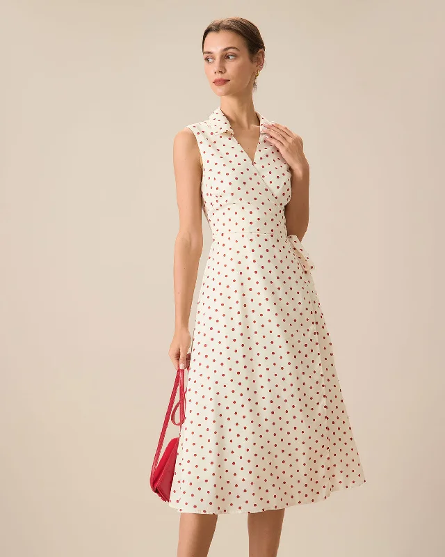 Women's Beige Poka Dot Wrap Midi Dress