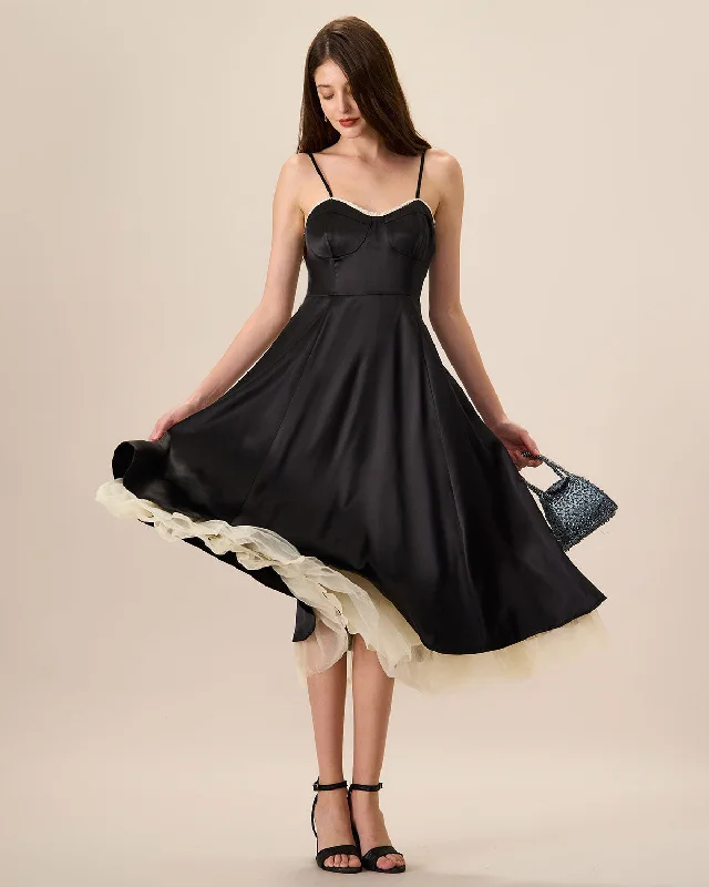 Women's Black Splicing Satin Slip Midi Dress