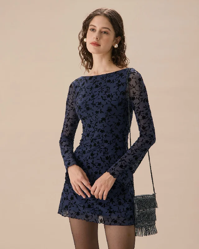 Women's Blue See-through Long Sleeve Mini Dress